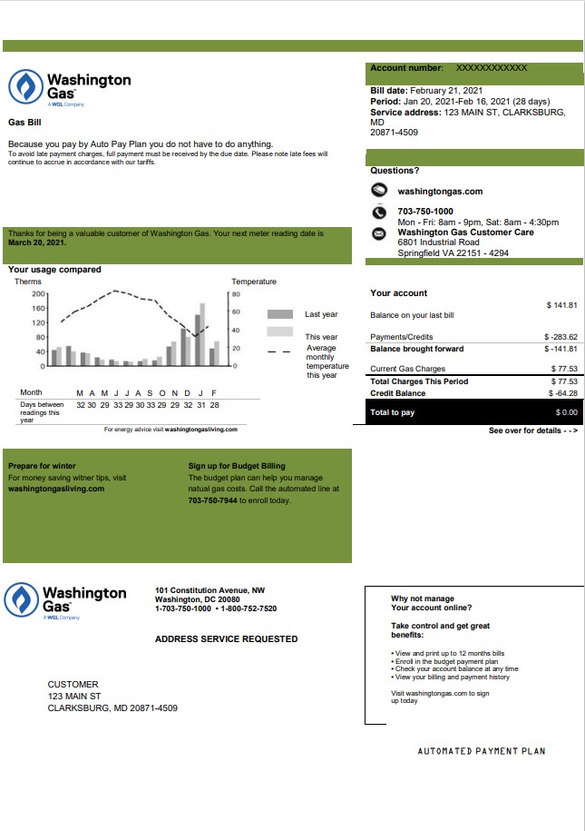 USA Washington Gas (WGL) utility bill template in Word and PDF format
